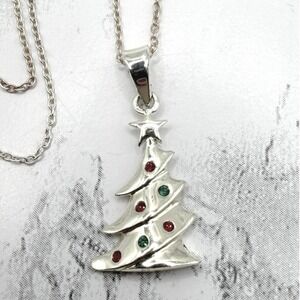 Sterling Silver Christmas Tree Pendant Necklace 925 Red Green Holiday